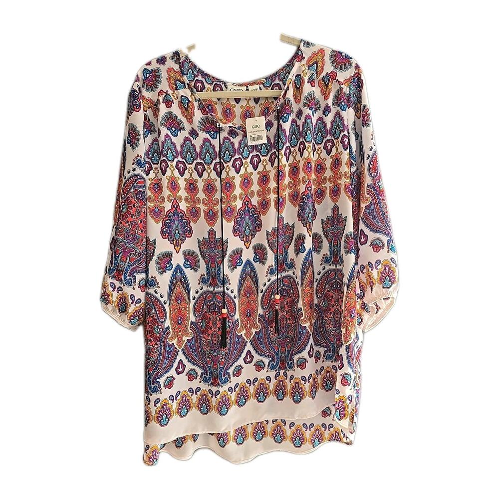 NWT Cato Multicolor Damask Tassel 3/4 Sleeve Boho Top Womans Plus Size 18/20W